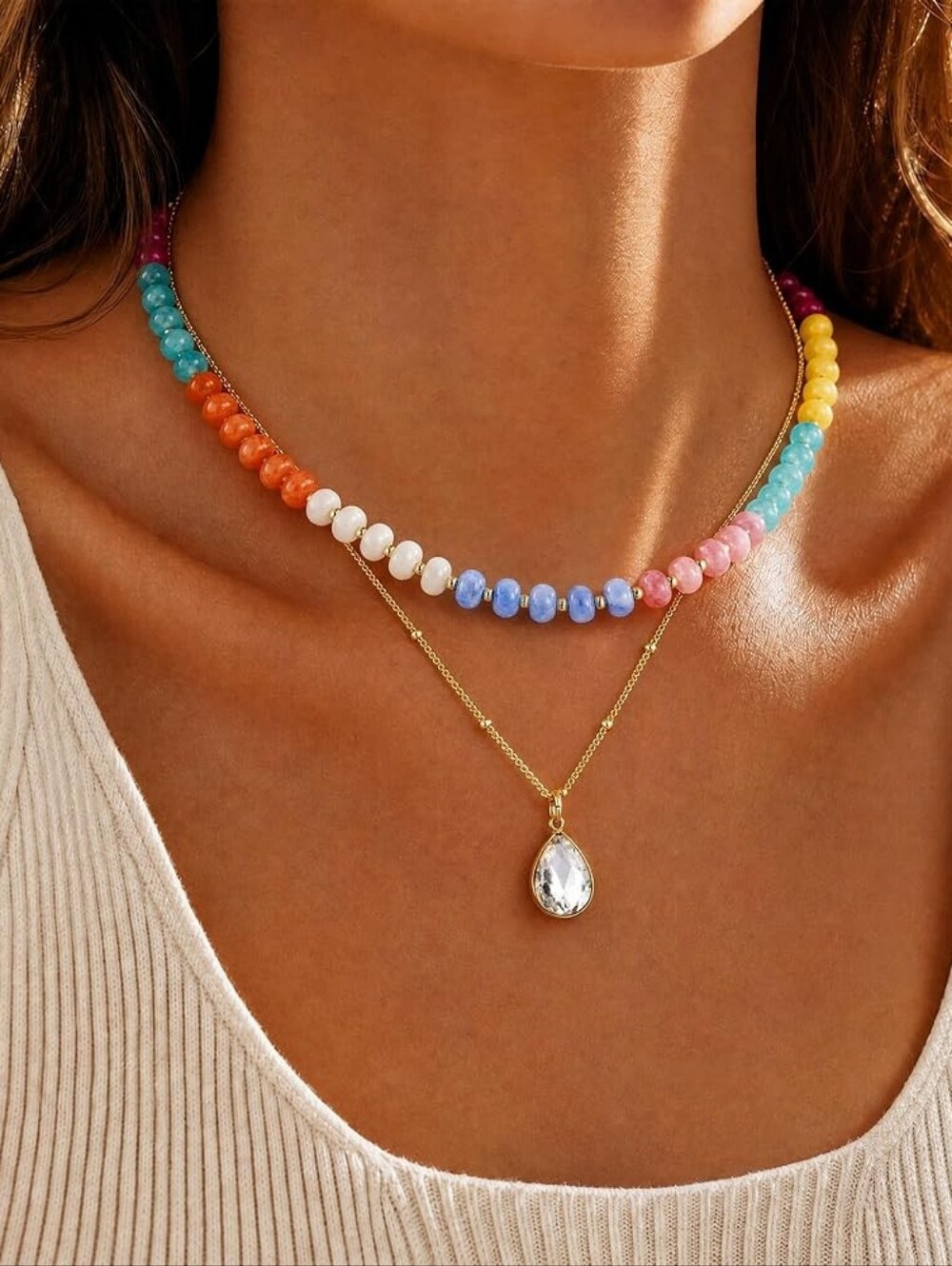 Colorful Beaded Chunky Necklace Set 14K Gold Plated Pendant Statement Resin